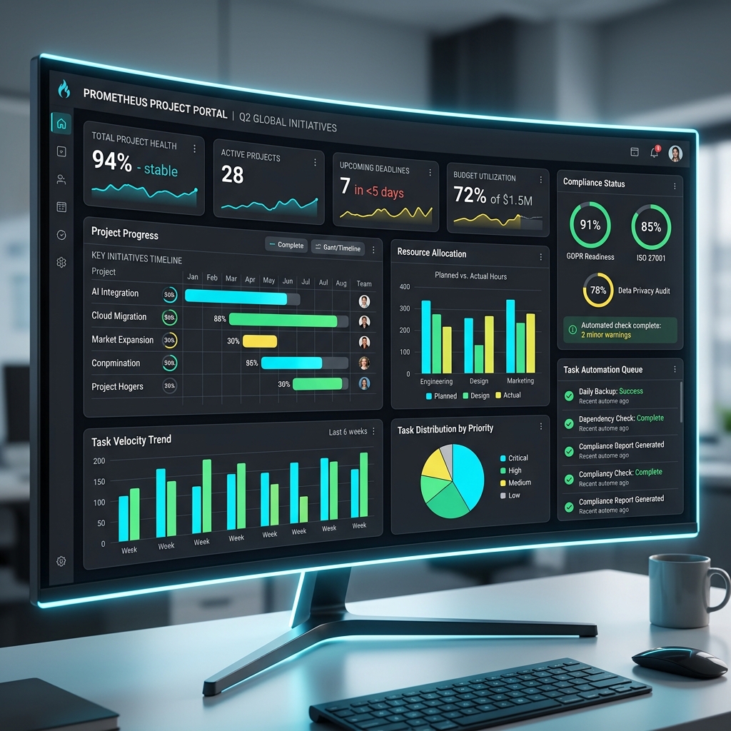 Bitsapp Compliance Automation Platform dashboard showing project management metrics, compliance levels, quality metrics and charts
